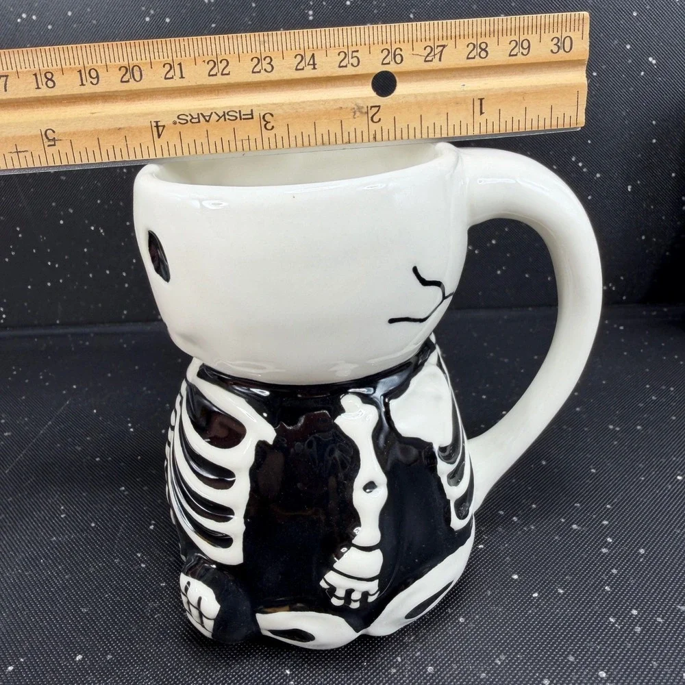 Pottery Barn Skeleton Mugs Set of 2 Black White Ceramic Halloween Coffee Cups